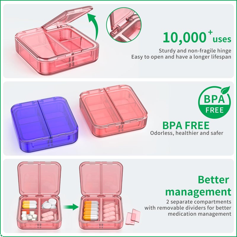 Easyhope Small Pill Box,4 Compartments Travel Pill Case, Portable Pill Organizer,Mini Pill Container for Pocket,Daily Compact Travel Medicine Holder for Vitamins Fish Oil and Supplement Storage(Pink+Purple) - Image 5