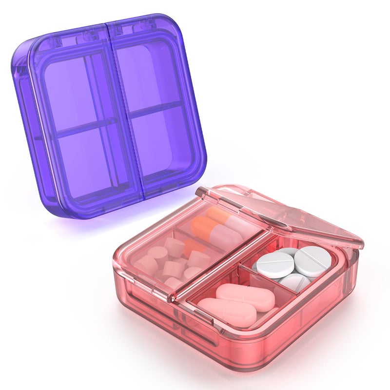 Easyhope Small Pill Box,4 Compartments Travel Pill Case, Portable Pill Organizer,Mini Pill Container for Pocket,Daily Compact Travel Medicine Holder for Vitamins Fish Oil and Supplement Storage(Pink+Purple) - Image 1