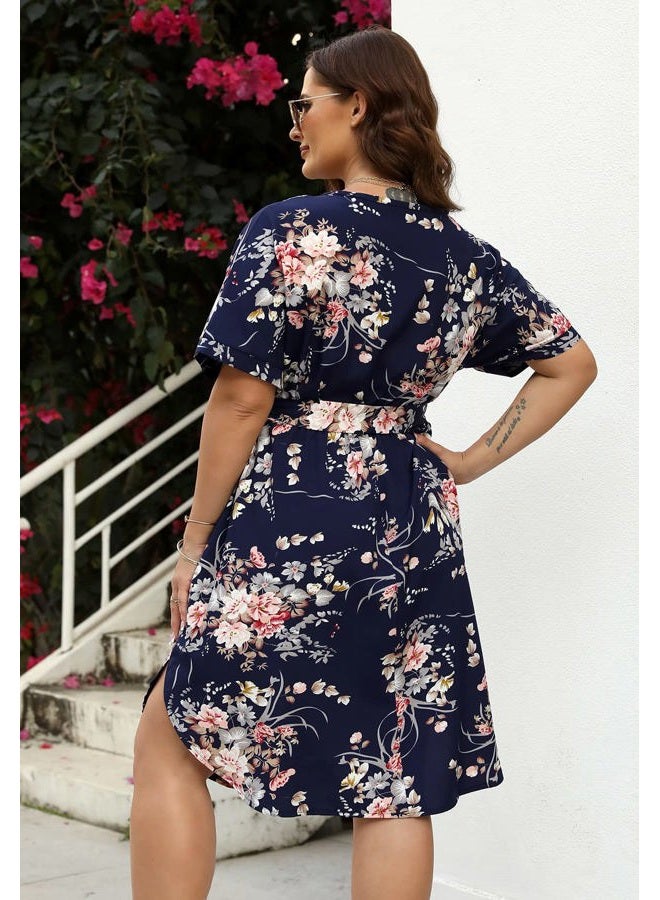 Nemidor Plus Size Casual Dresses for Curvy Women Summer Boho Floral Print Swing Midi Dress with Pockets 14-26, Navy White, 20 Plus - Image 2