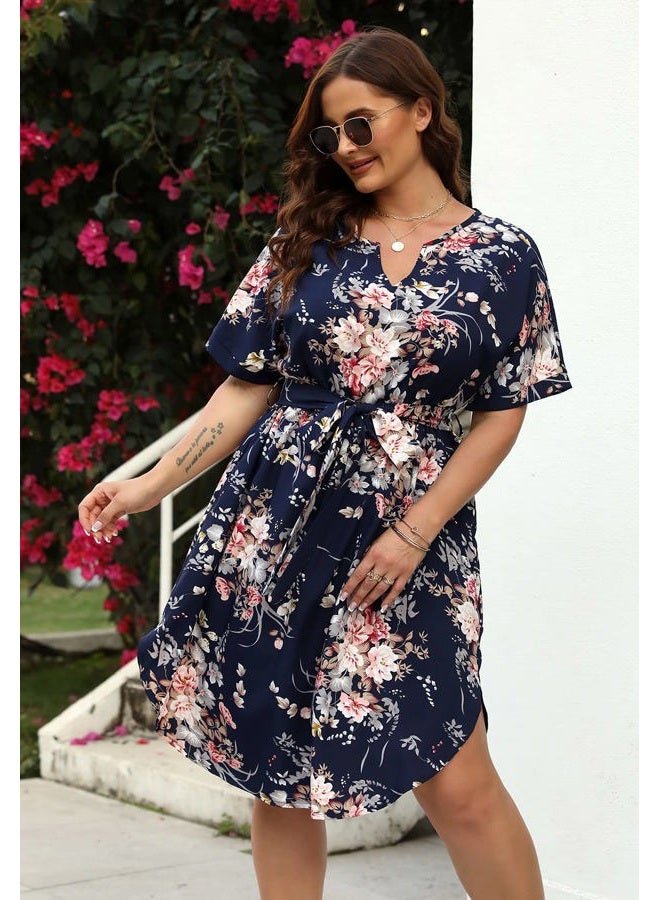 Nemidor Plus Size Casual Dresses for Curvy Women Summer Boho Floral Print Swing Midi Dress with Pockets 14-26, Navy White, 20 Plus - Image 4