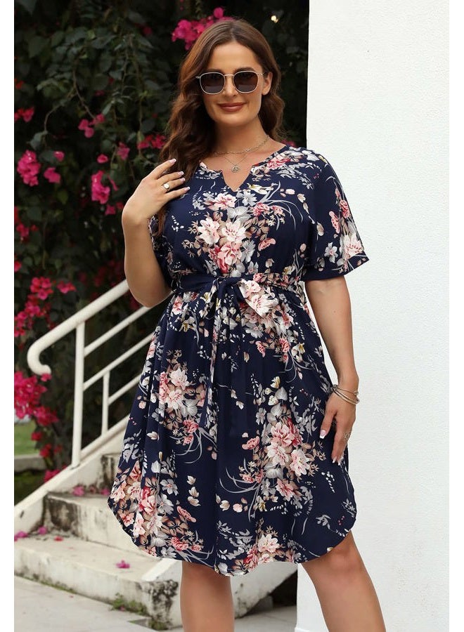 Nemidor Plus Size Casual Dresses for Curvy Women Summer Boho Floral Print Swing Midi Dress with Pockets 14-26, Navy White, 20 Plus - Image 3
