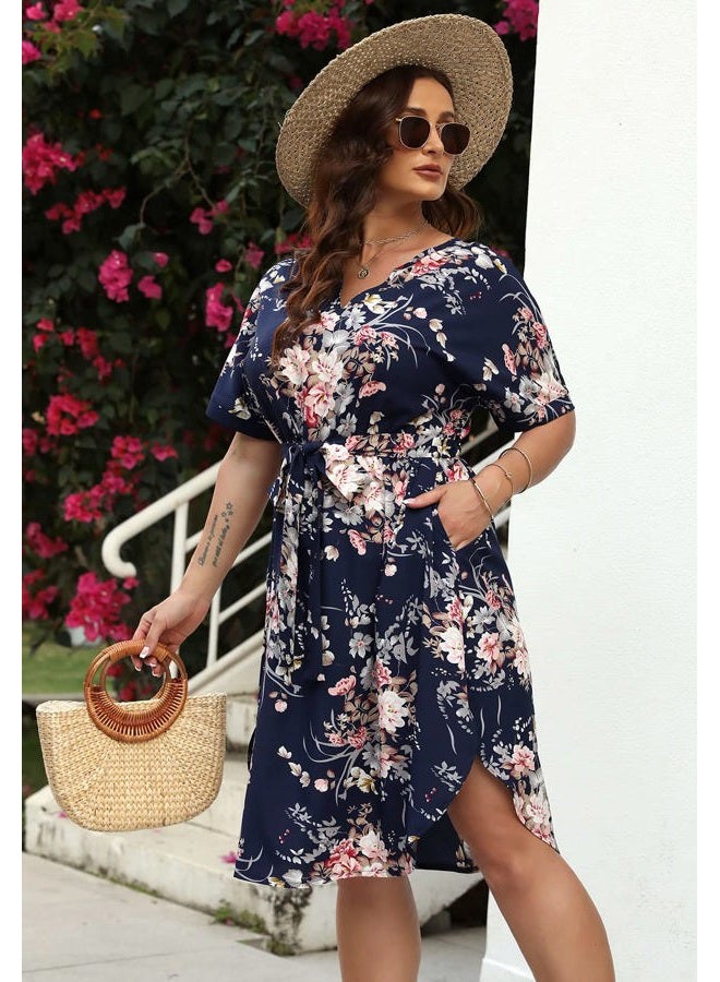 Nemidor Plus Size Casual Dresses for Curvy Women Summer Boho Floral Print Swing Midi Dress with Pockets 14-26, Navy White, 20 Plus - Image 5