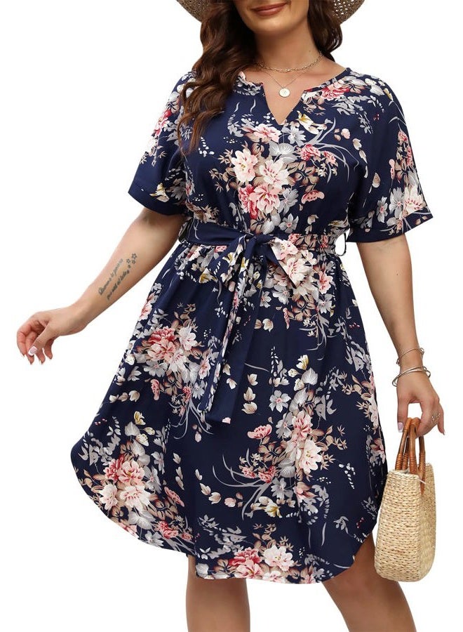 Nemidor Plus Size Casual Dresses for Curvy Women Summer Boho Floral Print Swing Midi Dress with Pockets 14-26, Navy White, 20 Plus - Image 1