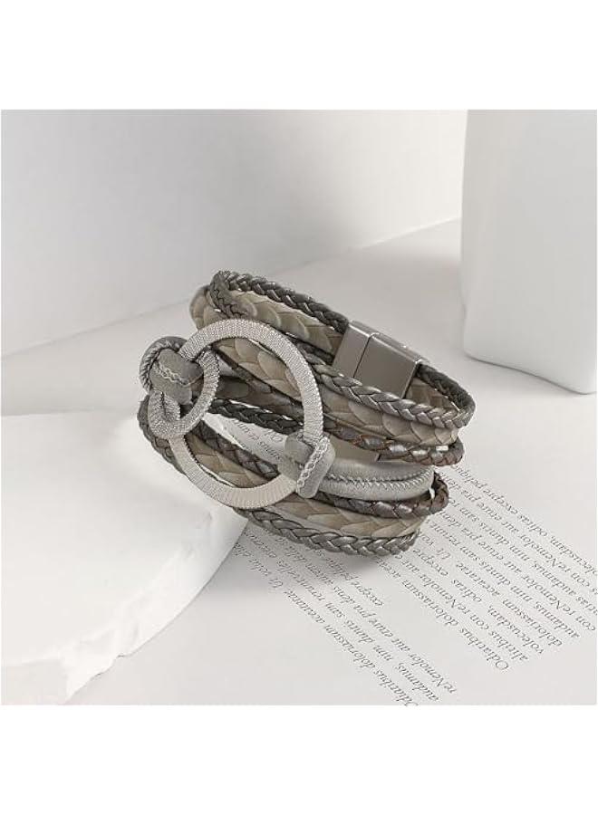 Arabest Leather Wrap Bracelet for Women Boho Leather Bracelet Gold Metal Circle Cuff Bracelets Layered Handmade Braided Bangle Bracelets for Women Teen Girl Bohemian Jewelry with Buckle - Image 2