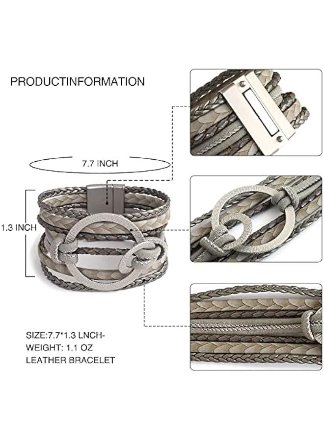 Arabest Leather Wrap Bracelet for Women Boho Leather Bracelet Gold Metal Circle Cuff Bracelets Layered Handmade Braided Bangle Bracelets for Women Teen Girl Bohemian Jewelry with Buckle - Image 3