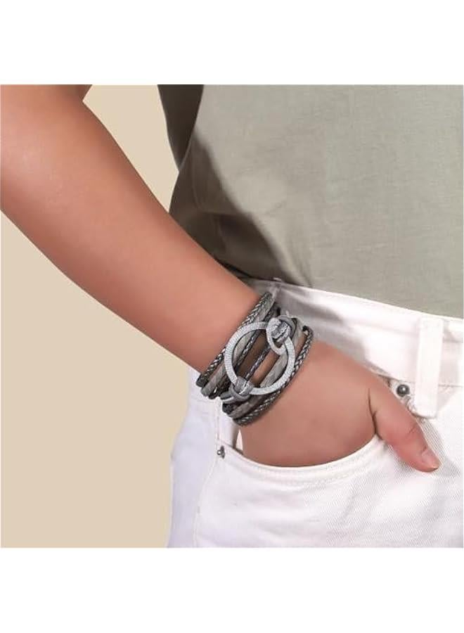 Arabest Leather Wrap Bracelet for Women Boho Leather Bracelet Gold Metal Circle Cuff Bracelets Layered Handmade Braided Bangle Bracelets for Women Teen Girl Bohemian Jewelry with Buckle - Image 5