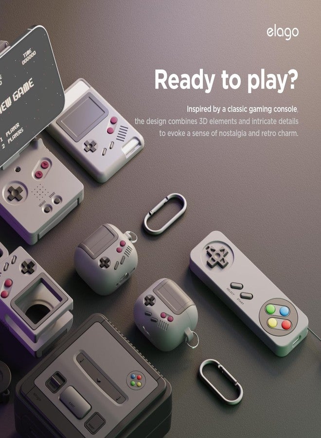 elago AW5 Compatible with AirPods 4th Generation Case Cover (2024) - Compatible with AirPods 4 Case, Classic Retro Handheld Game Console Design Case, Carabiner Included [Light Grey] - Image 3