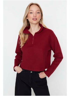 trendyol Burgundy Thessaloniki/Knitwear Look Zippered Collar Regular/Regular Fit Knitted Sweatshirt TWOAW22SW0732  - Image 4