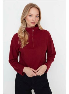 trendyol Burgundy Thessaloniki/Knitwear Look Zippered Collar Regular/Regular Fit Knitted Sweatshirt TWOAW22SW0732  - Image 1