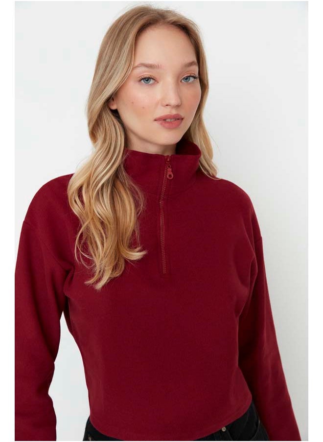 trendyol Burgundy Thessaloniki/Knitwear Look Zippered Collar Regular/Regular Fit Knitted Sweatshirt TWOAW22SW0732  - Image 2