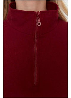 trendyol Burgundy Thessaloniki/Knitwear Look Zippered Collar Regular/Regular Fit Knitted Sweatshirt TWOAW22SW0732  - Image 3