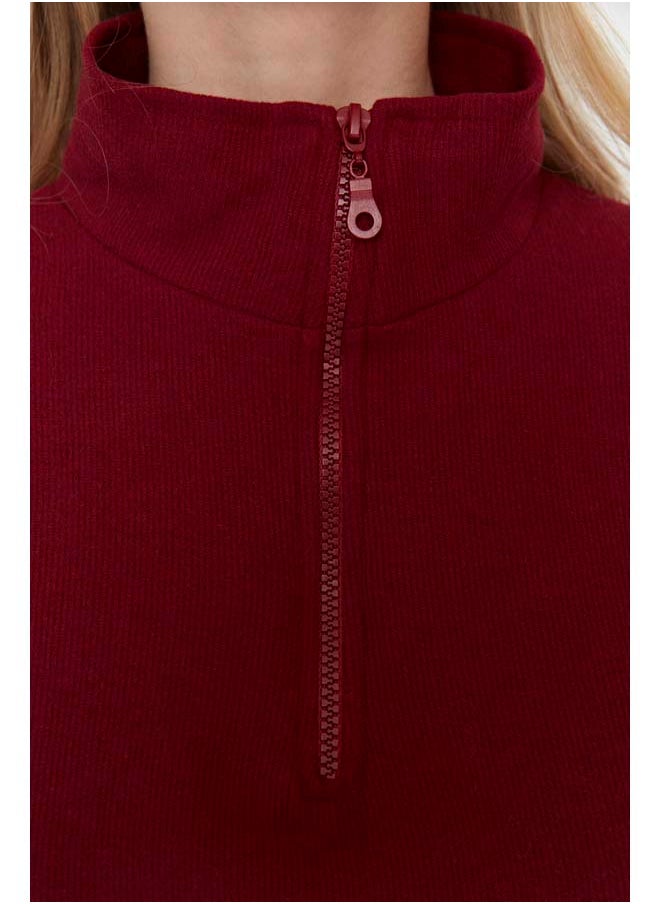 trendyol Burgundy Thessaloniki/Knitwear Look Zippered Collar Regular/Regular Fit Knitted Sweatshirt TWOAW22SW0732  - Image 3