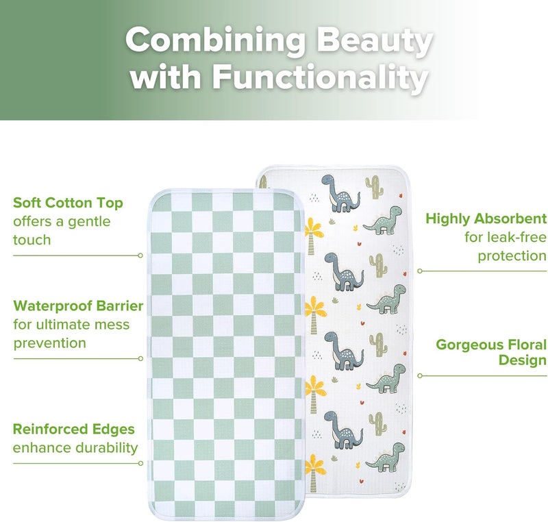 haakaa Waterproof Changing Pad Liners, 100% Cotton, Soft & Breathable (2pcs, 13" x 27.5" Dino Land+Checkered Days) - Image 5