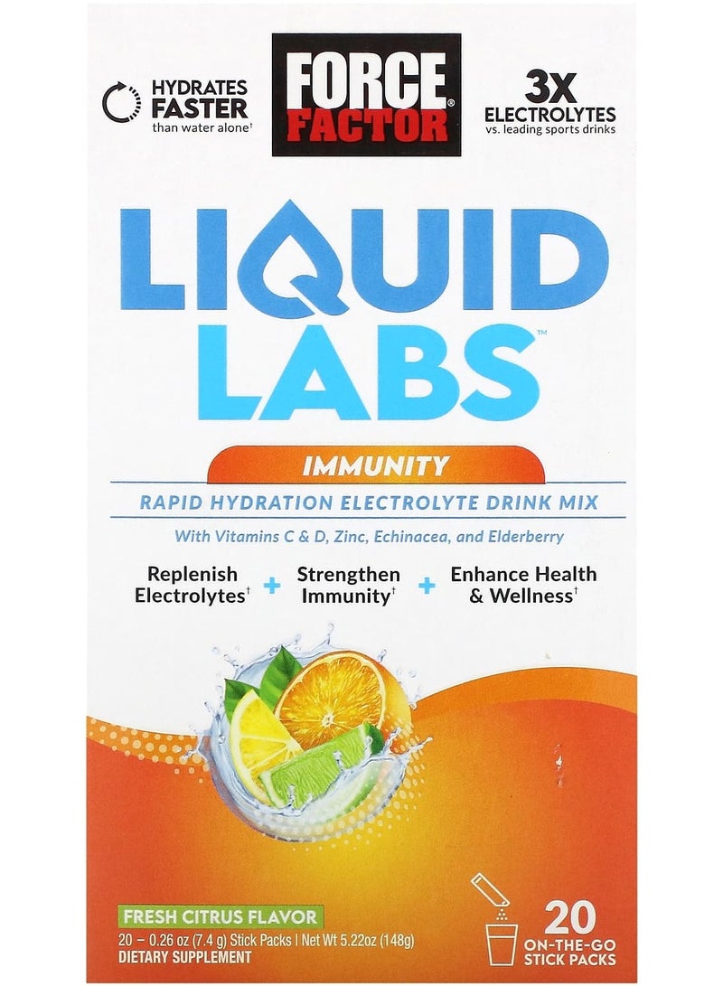 Force Factor Liquid Labs Immunity Rapid Hydration Electrolyte Drink Mix Fresh Citrus 20 Stick Packs 0.26 oz (7.4 g) Each
