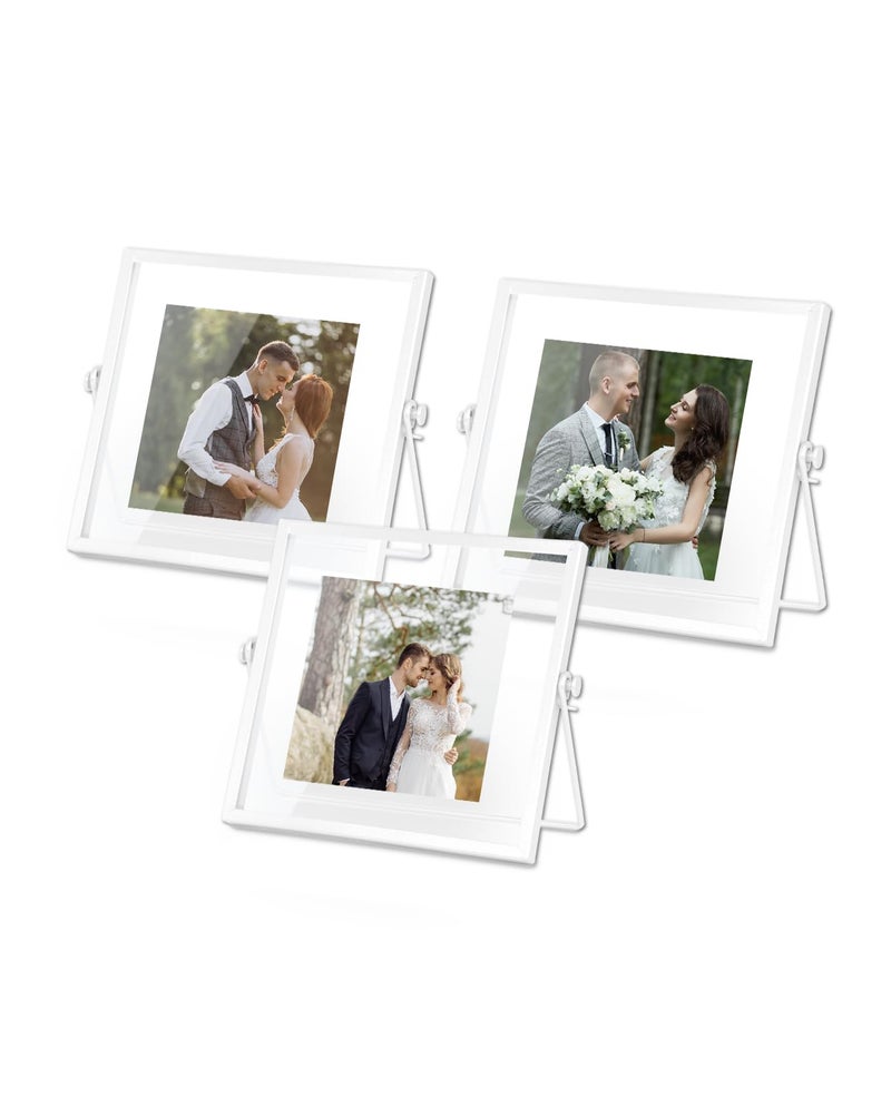 AceList Metal Picture Frames  Set of 3 Ornate Minimal Floating Edge Clear Glass Table Top Easel Stand Photo Frames in White  4 x 4  Assortment Variety - Image 1