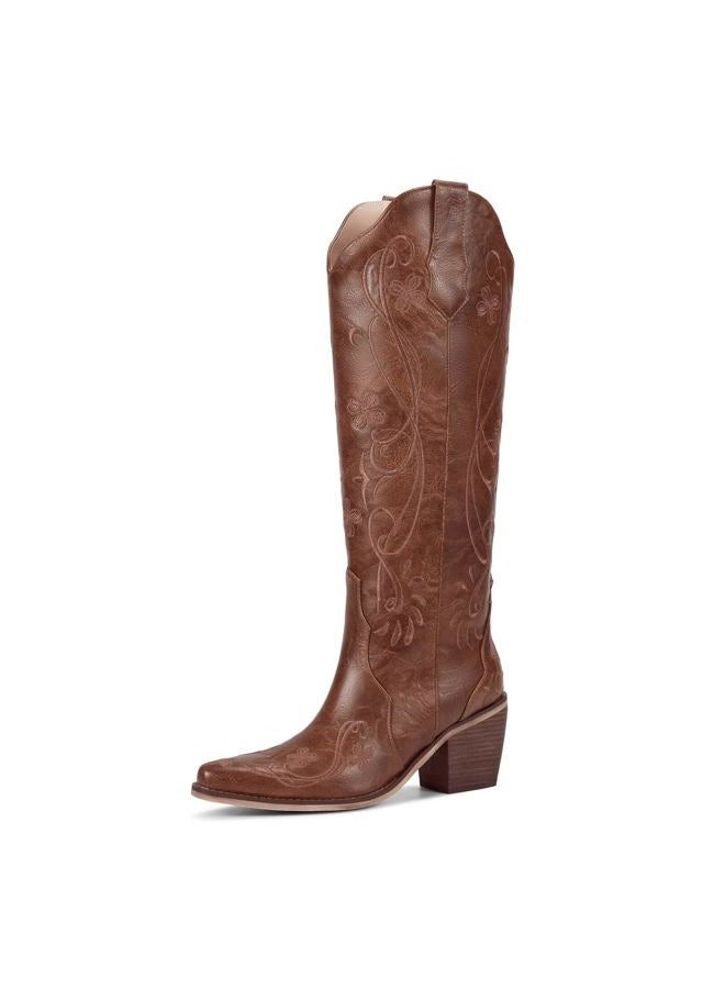 wetkiss Cowboy Boots for Women Knee High Cowgirl Boots, Western Boots with Floral Embroidered Pointed Toe Chunky Heel Pull On Retro Vintage Classic Tall Boots for Ladies, Caramel Reddish Brown Floral - Image 1