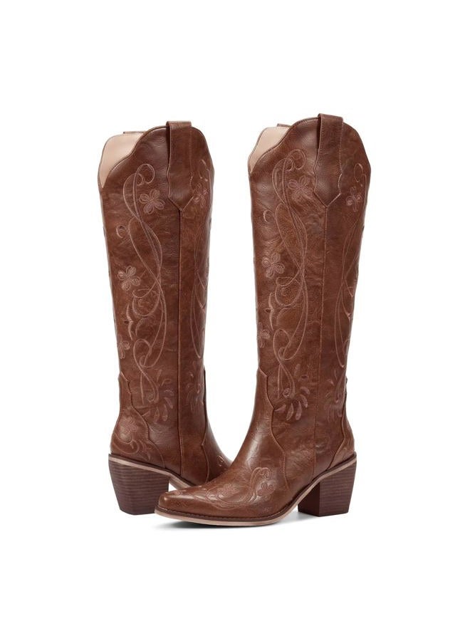 wetkiss Cowboy Boots for Women Knee High Cowgirl Boots, Western Boots with Floral Embroidered Pointed Toe Chunky Heel Pull On Retro Vintage Classic Tall Boots for Ladies, Caramel Reddish Brown Floral - Image 4