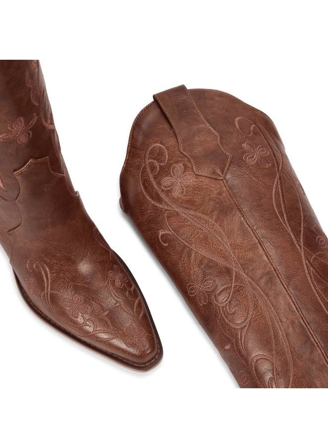 wetkiss Cowboy Boots for Women Knee High Cowgirl Boots, Western Boots with Floral Embroidered Pointed Toe Chunky Heel Pull On Retro Vintage Classic Tall Boots for Ladies, Caramel Reddish Brown Floral - Image 5