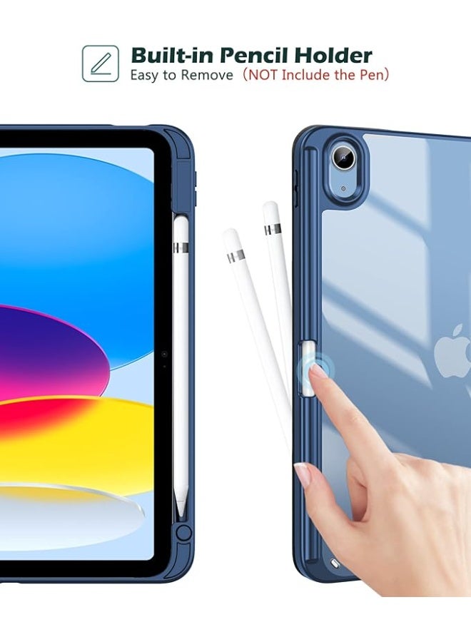 Protective Case for iPad 10th Gen 10.9-inch 2022 / iPad 11th Gen (A16) 10.9-inch 2025 Built-in Pen Holder Flexible Back Cover, Tri-fold Stand, Auto Sleep Wake Bounce Series Clear/Dark Blue - Image 2