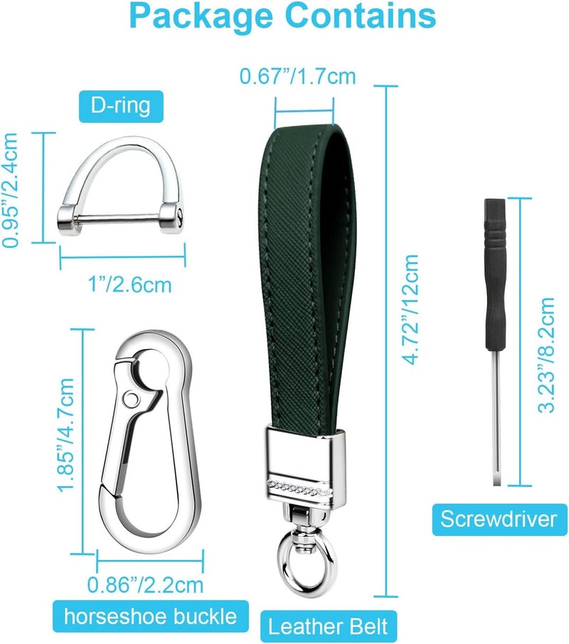 QBUC Genuine Leather Car Keychain,Universal Heavy Duty Metal Key Chain Accessories,Car Fob Key Keychain Holder with 360 Degree Rotatable Snap Swivel and Anti-Lost D-Ring for Men Women(Dark Green) - Image 2