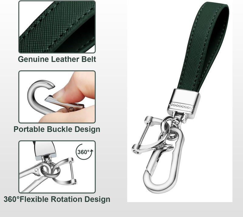 QBUC Genuine Leather Car Keychain,Universal Heavy Duty Metal Key Chain Accessories,Car Fob Key Keychain Holder with 360 Degree Rotatable Snap Swivel and Anti-Lost D-Ring for Men Women(Dark Green) - Image 3