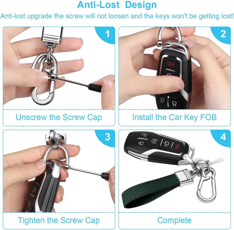 QBUC Genuine Leather Car Keychain,Universal Heavy Duty Metal Key Chain Accessories,Car Fob Key Keychain Holder with 360 Degree Rotatable Snap Swivel and Anti-Lost D-Ring for Men Women(Dark Green) - Image 4