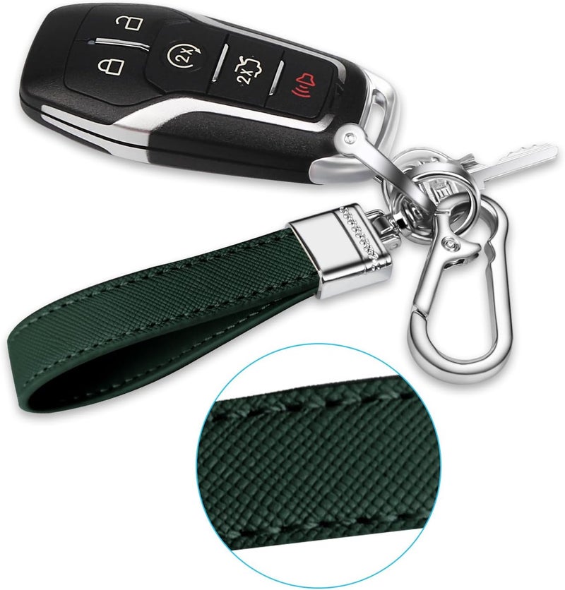 QBUC Genuine Leather Car Keychain,Universal Heavy Duty Metal Key Chain Accessories,Car Fob Key Keychain Holder with 360 Degree Rotatable Snap Swivel and Anti-Lost D-Ring for Men Women(Dark Green) - Image 5