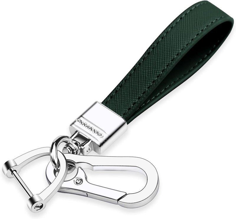 QBUC Genuine Leather Car Keychain,Universal Heavy Duty Metal Key Chain Accessories,Car Fob Key Keychain Holder with 360 Degree Rotatable Snap Swivel and Anti-Lost D-Ring for Men Women(Dark Green) - Image 1