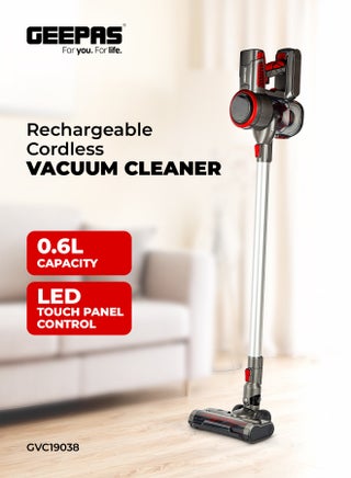 Rechargeable Cordless Vacuum Cleaner, 3 Speed and LED Touch Panel Control, Sensor for Power, Easy to Use Stick Model, Low Noise Design, Long and Sofa Nozzle 0.6 L 350 W GVC19038 Grey, Red