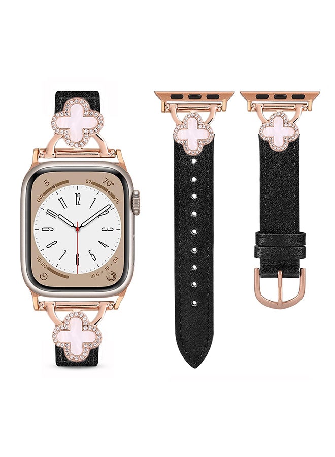 O Ozone Leather Band For Apple Watch Series 10 9 8 7 6 5 4 SE, 38/40/41/42mm Slim Thin Dressy Diamond Strap Four Leaf Clover Bling Cute Band Women- Black - Image 1