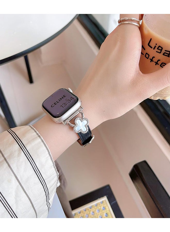 O Ozone Leather Band For Apple Watch Series 10 9 8 7 6 5 4 SE, 38/40/41/42mm Slim Thin Dressy Diamond Strap Four Leaf Clover Bling Cute Band Women- Black - Image 4