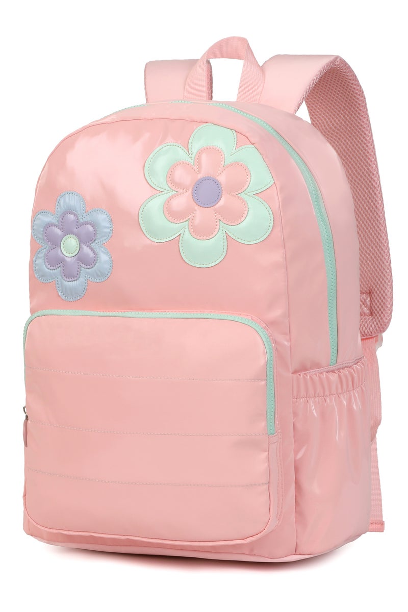 مجموعة حقيبة ظهر مدرسية من القماش اللامع بنقشة زهور وردية - حقيبة ظهر خفيفة الوزن مع صندوق غداء وحافظة أقلام، متينة، بتصميم زهور أنيق للفتيات، مع أحزمة قابلة للتعديل للأطفال - Image 2