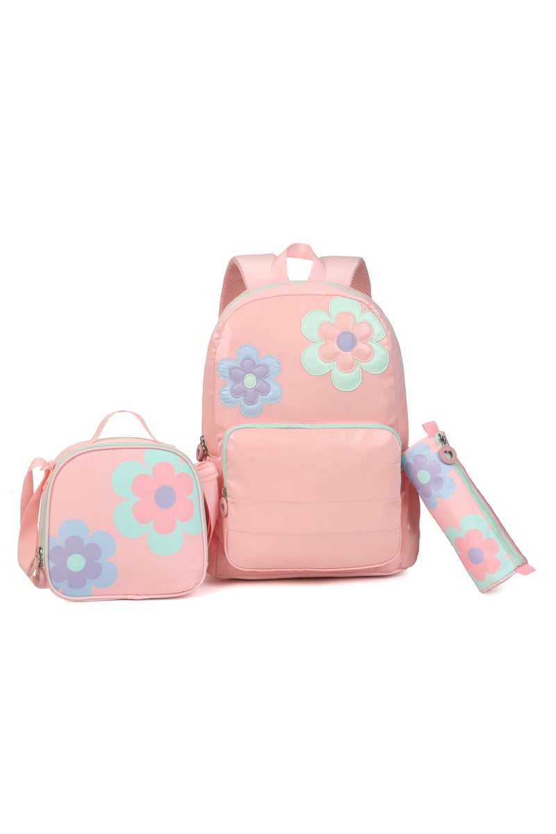 مجموعة حقيبة ظهر مدرسية من القماش اللامع بنقشة زهور وردية - حقيبة ظهر خفيفة الوزن مع صندوق غداء وحافظة أقلام، متينة، بتصميم زهور أنيق للفتيات، مع أحزمة قابلة للتعديل للأطفال - Image 1