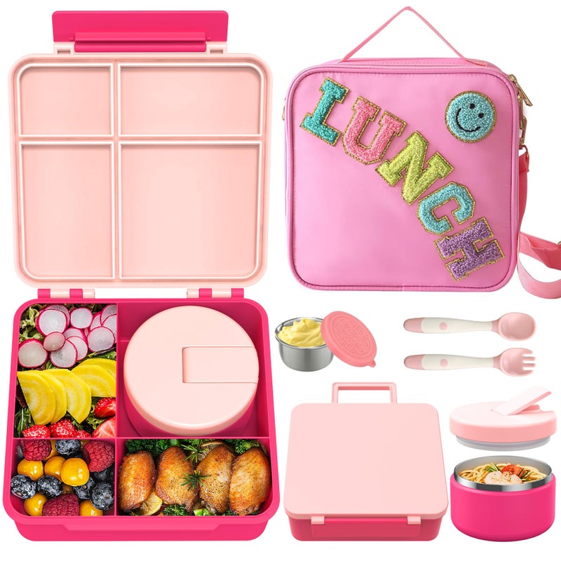 Aimsnk Kids Bento Lunch Box with 8oz Soup Thermo Kids Leakproof Lunch Food Containers with 4 CompartmentInsulated Hot Food Jar with Lunch Bag for School Travel Pink