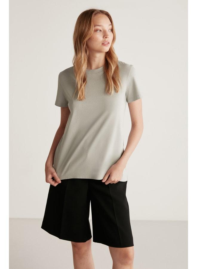 GRIMELANGE Samantha Women's 100% Organic Cotton Comfort Fit Long Back Basic Knit Light Grey T-shirt - Image 1