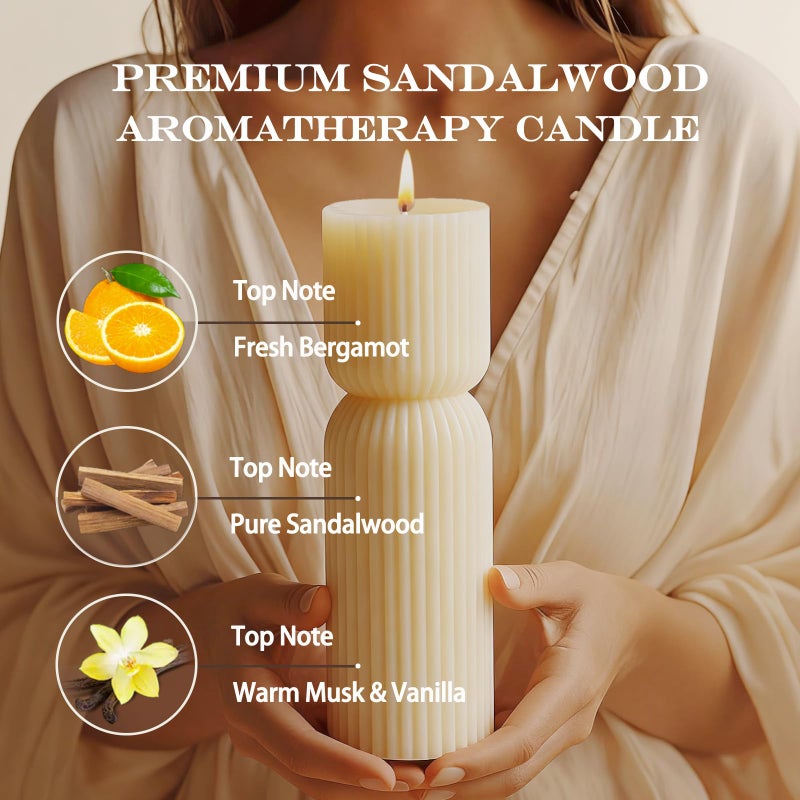 MAKALONE Cream White Ribbed Pillar Candles,Aesthetic Roman Column Scented Candles for Home Decor,Sandalwood Scented Natural Soy Wax, Decorative Sculptural Candle for Housewarming Gift,Stress & Anxiety Relief - Image 2