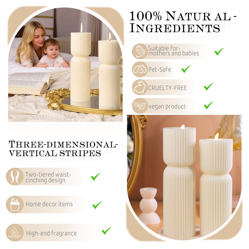 MAKALONE Cream White Ribbed Pillar Candles,Aesthetic Roman Column Scented Candles for Home Decor,Sandalwood Scented Natural Soy Wax, Decorative Sculptural Candle for Housewarming Gift,Stress & Anxiety Relief - Image 4