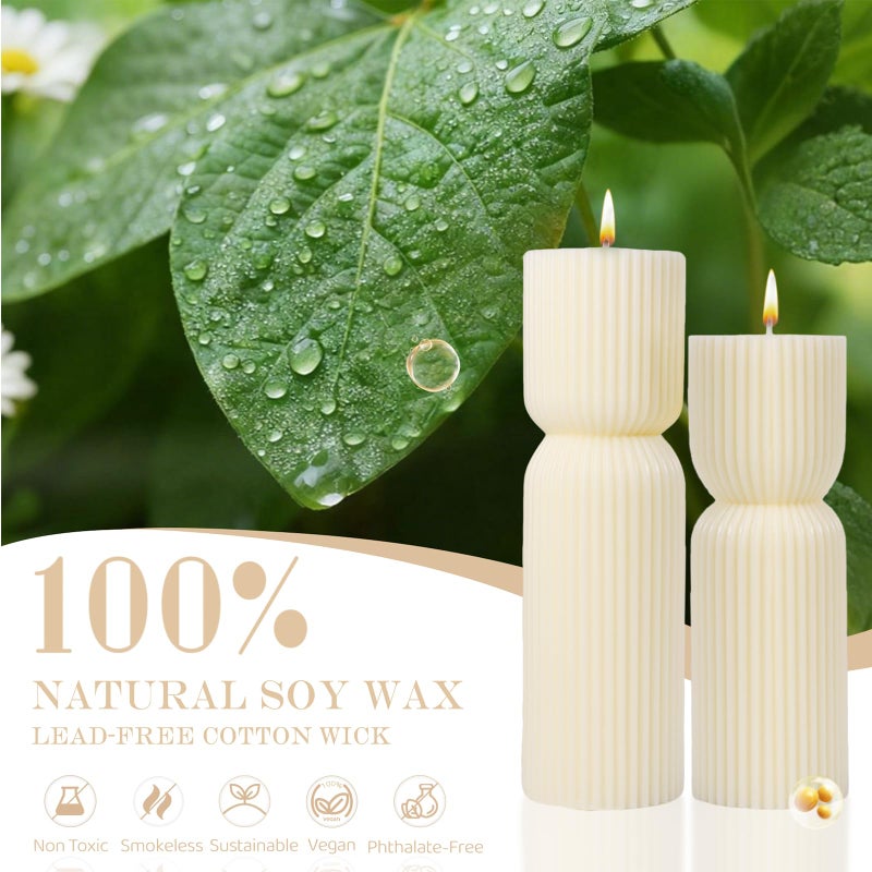 MAKALONE Cream White Ribbed Pillar Candles,Aesthetic Roman Column Scented Candles for Home Decor,Sandalwood Scented Natural Soy Wax, Decorative Sculptural Candle for Housewarming Gift,Stress & Anxiety Relief - Image 3