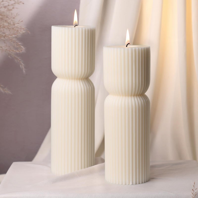 MAKALONE Cream White Ribbed Pillar Candles,Aesthetic Roman Column Scented Candles for Home Decor,Sandalwood Scented Natural Soy Wax, Decorative Sculptural Candle for Housewarming Gift,Stress & Anxiety Relief - Image 1