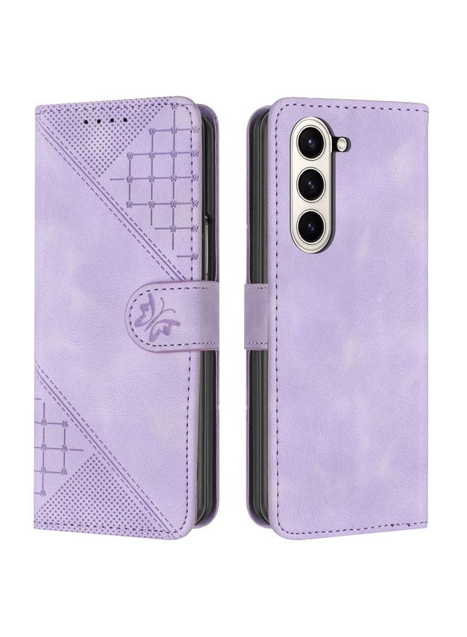 Green Tiger For Samsung Galaxy Z Fold6 YX0080 Grid Butterfly Embossed Pattern Flip Leather Phone Case with Lanyard(Light Purple)