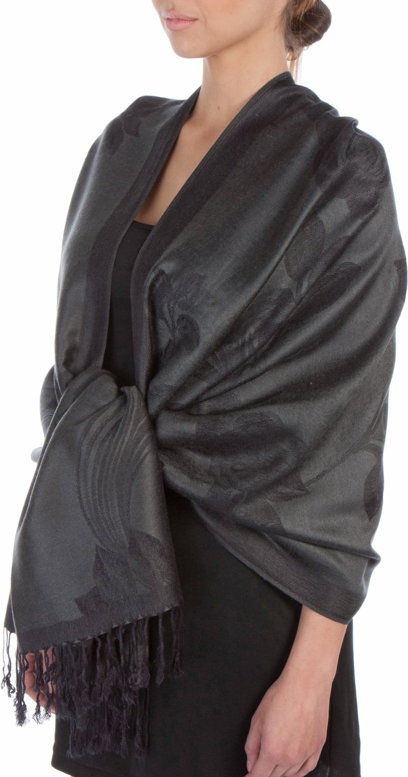 Sakkas Two Tone Floral Rose Reversible Pashmina Scarf Shawl Wrap Stole for Women - Slate Gray/Black - Image 1