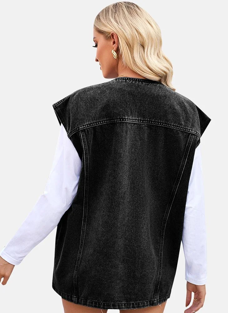 YUNIQEE Grey Plain Regular Fit Sleeveless Denim Jacket