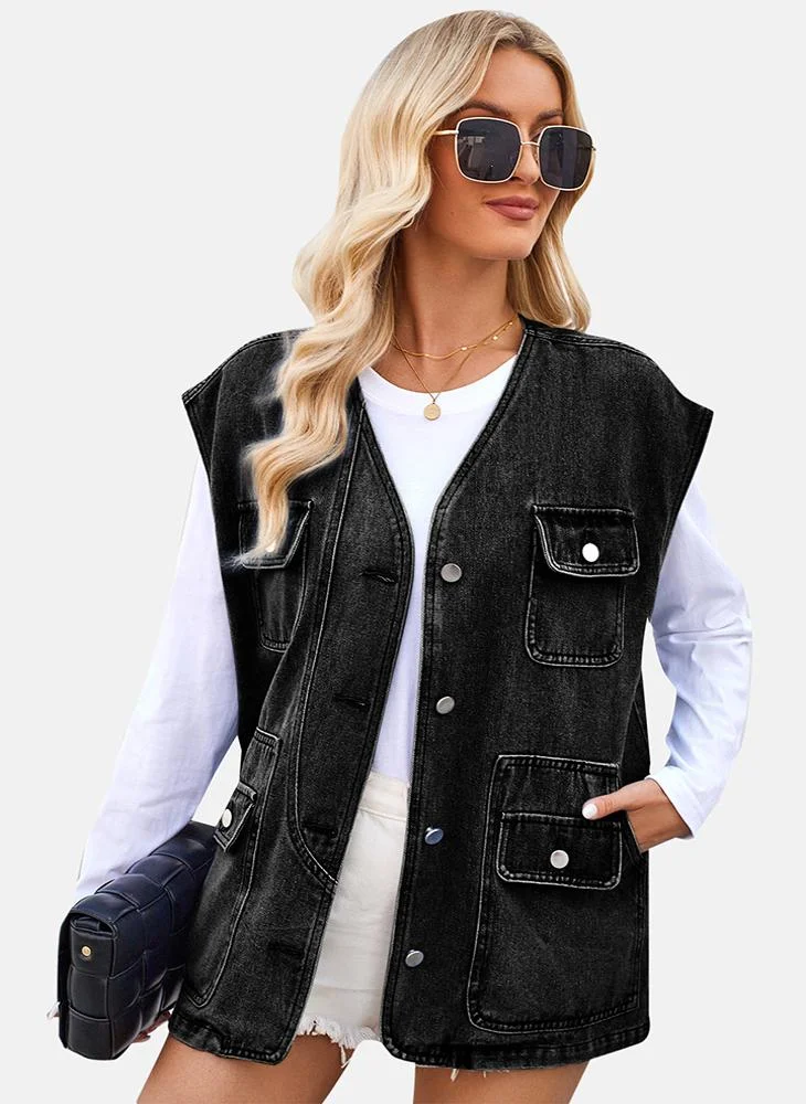 YUNIQEE Grey Plain Regular Fit Sleeveless Denim Jacket
