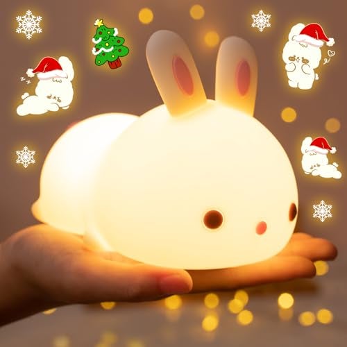 One Fire Bunny Christmas Night Light for Kids, 16 Colors Cute Lamp, Soft Silicone Baby Night Light, 1200mAh Portable Dimmable Touch Lamps, Kawaii Room Decor Stuff, Gifts for Christmas|Halloween|Easter - Image 1