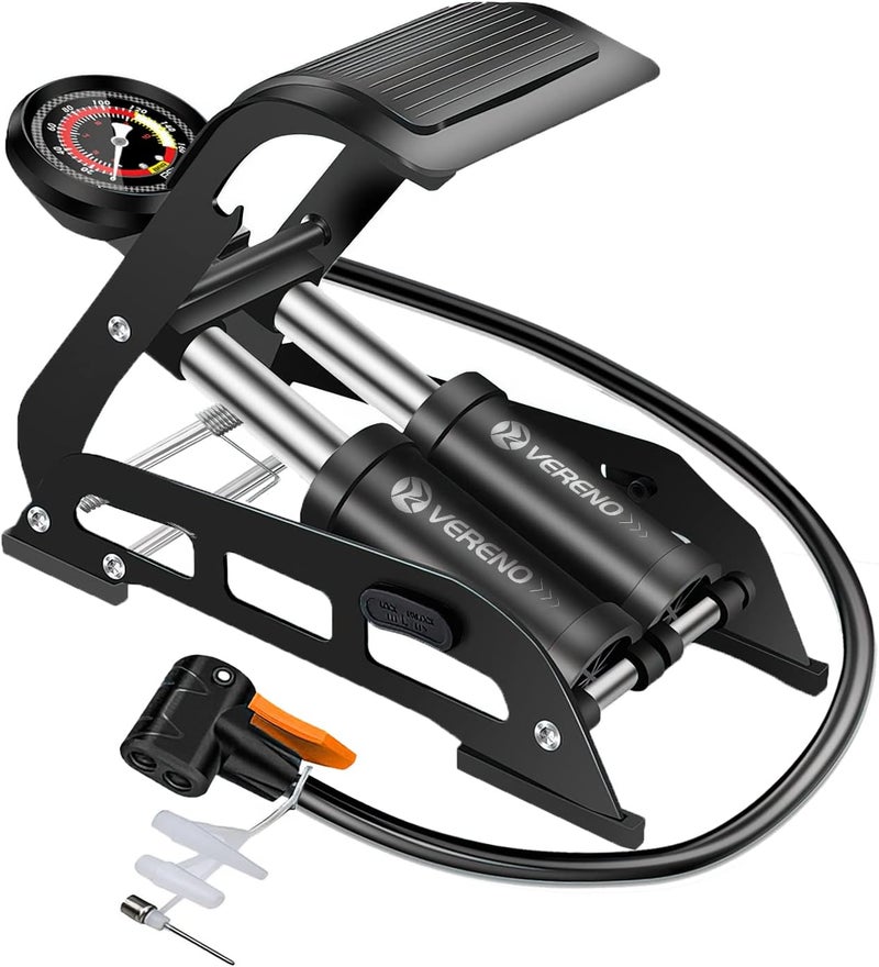 VERENO Double Barrel Bike Floor Foot Pump,Portable Air Pump Inflator Pump with 160PSI Precision Pressure Gauge Fits Presta Schrader and Deutschland Valve for Bicycle,Ball,Scooter,Car,Toys Inflatable - Image 1