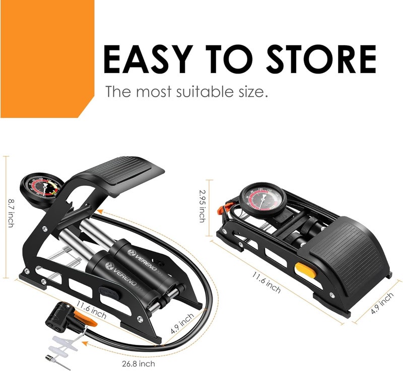 VERENO Double Barrel Bike Floor Foot Pump,Portable Air Pump Inflator Pump with 160PSI Precision Pressure Gauge Fits Presta Schrader and Deutschland Valve for Bicycle,Ball,Scooter,Car,Toys Inflatable - Image 5
