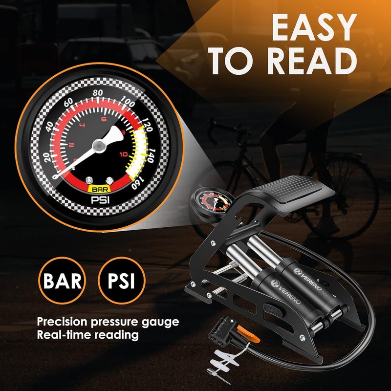 VERENO Double Barrel Bike Floor Foot Pump,Portable Air Pump Inflator Pump with 160PSI Precision Pressure Gauge Fits Presta Schrader and Deutschland Valve for Bicycle,Ball,Scooter,Car,Toys Inflatable - Image 3