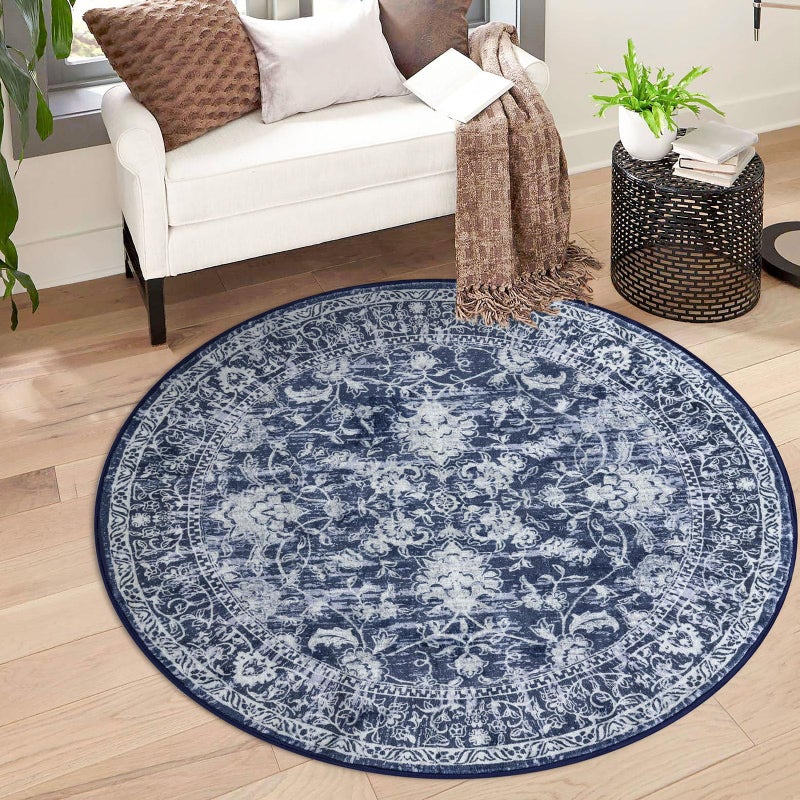 KILOCOCO Round Rug 3ft Vintage Floral Small Circle Rug Machine Washable Entryway Mat Non Slip LowPile Kitchen Rugs for Front Door Laundry Room Bathroom Moroccan Area Rugs Blue