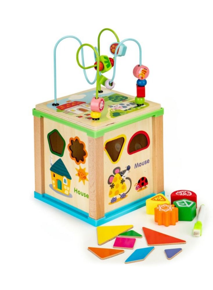 لعبة مكعبات الأنشطة الخشبية للأطفال الصغار | متاهة الخرز التعليمية من مونتيسوري وتصنيف الأشكال للأولاد والبنات من عمر سنة فما فوق - Image 1