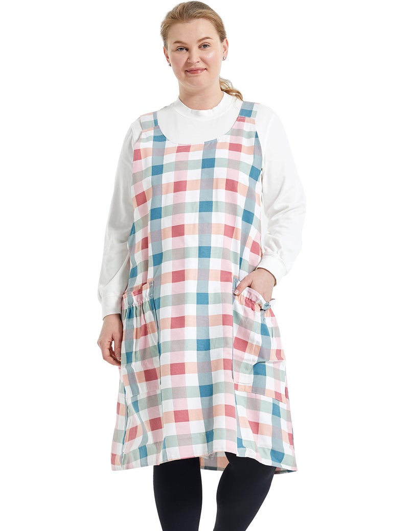 APRONNER Big Plus Size Aprons for Women with Pockets Cotton Linen Baking Kitchen Cooking Pink Grid - Image 1